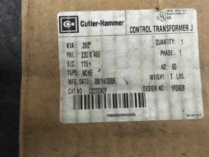 Cutler-Hammer Control Transformer J .200kva, pri-230x460, sec-115, 1ph, C0220A2F