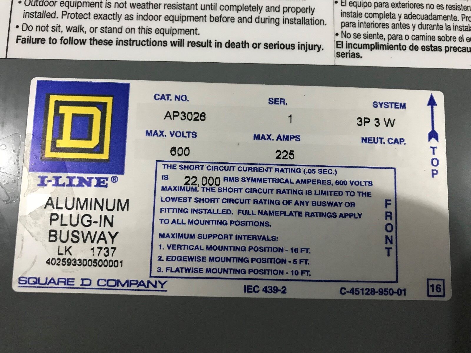 Square D AP3026 Aluminum Plug-In Busway, 72" Long, 225 AMP, 3P3W System, PS-202M - Image 3