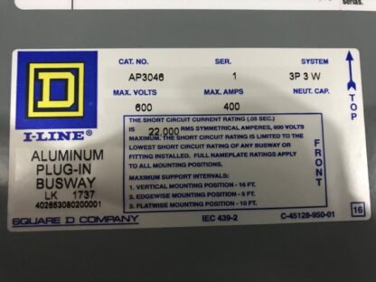 Square D AP3046 Aluminum Plug-In Busway, 72" Long, 400 AMP, 3P3W System, PS-201M - Image 2