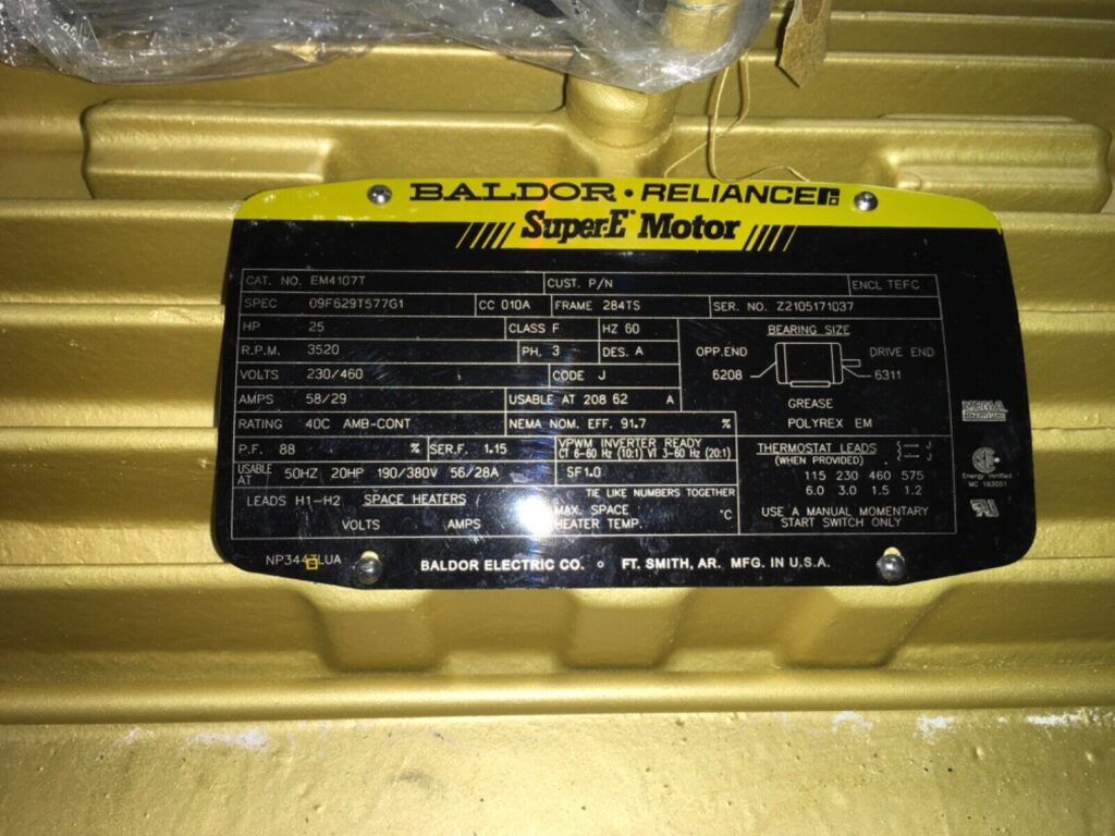 Baldor-Reliance 25HP motor, EM4107T, Super E, 3520rpm. 230/460v, NOS, LG-299 - Image 2