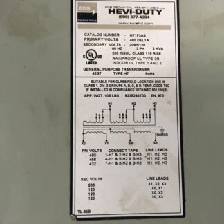 Hevi-Duty 3kva transformer, HT1F3AS, pri-480 delta, sec-208Y/120, 3ph, ADI-1302