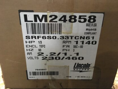 LINCOLN Electric Motor, #LM24858, 1/3hp, 1140rpm, 230/460v, FR-56C-60, DR-3555