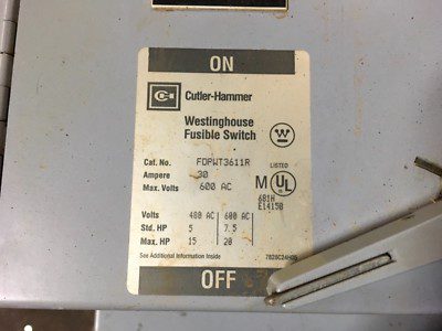 Cutler Hammer Westinghouse Fusible Switch, FDPWT3611R, 30amps, 600vac, 15hp max - Image 2