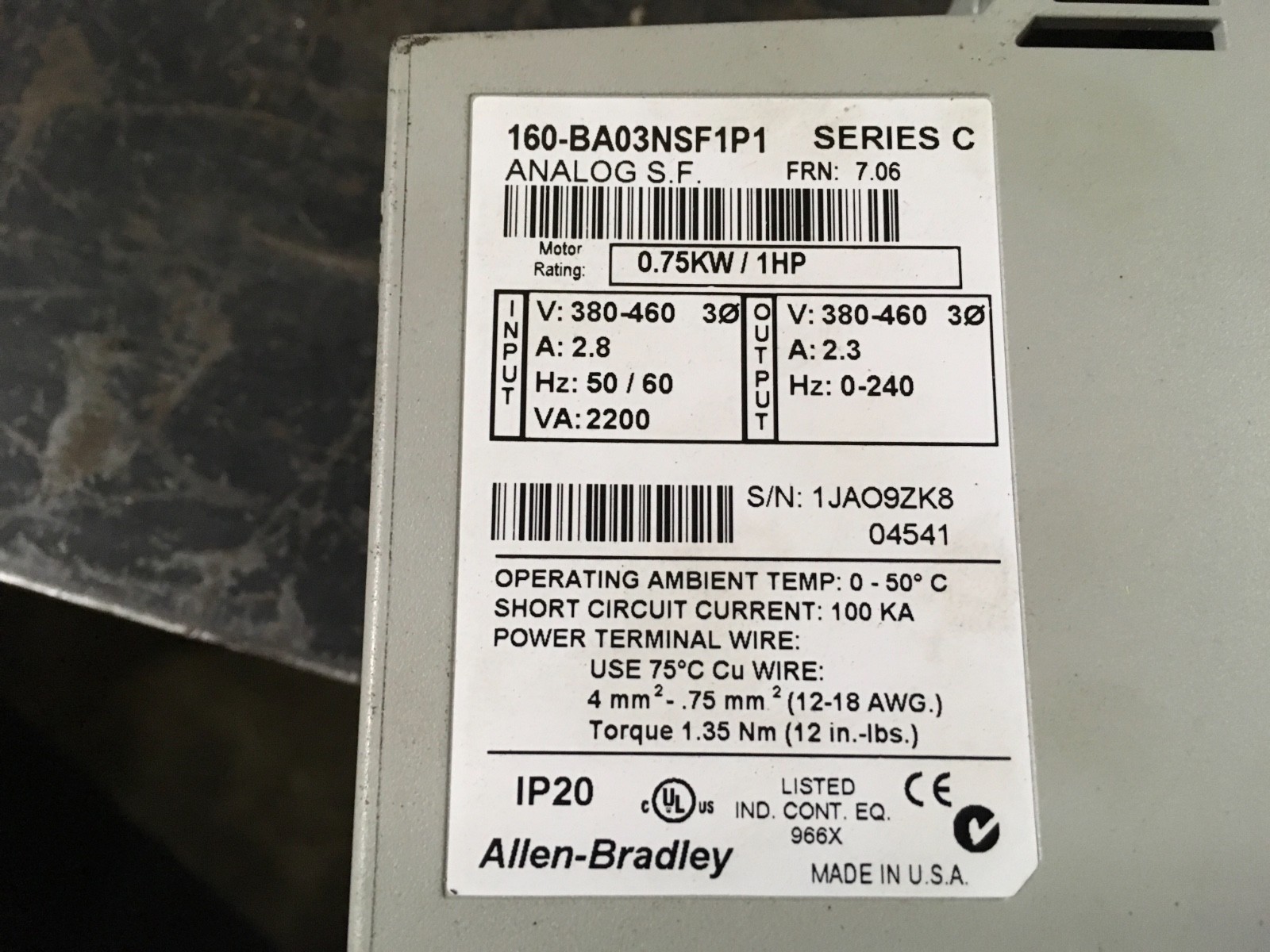 Allen-Bradley 0.75KW/1HP Drive, 160-BA03NSF1P1, frn-7.06, ser-C, 380-460v - Image 4