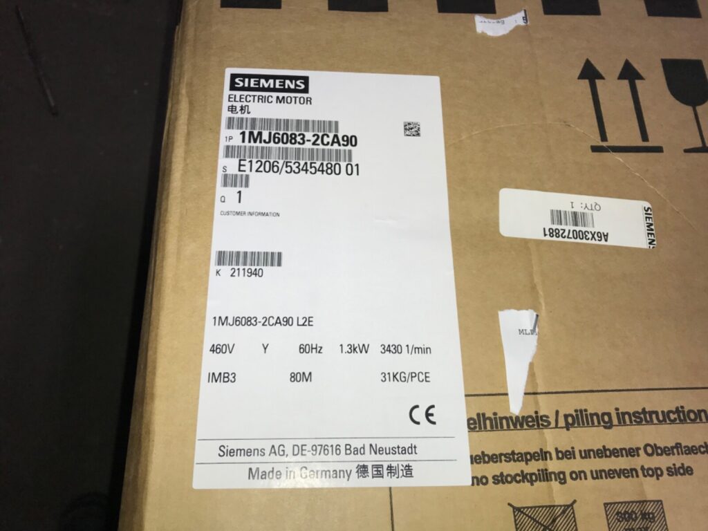 Siemens Motor, #IMJ6083-2CA90, 1.3kw, 3430rpm, 460v, NOS, (DR-4770) - Image 5