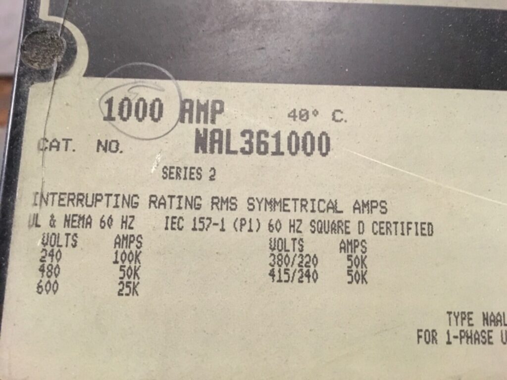 Square D Molded Case Circuit Breaker 1000amp, NAL36100, pre-owned, (DR-4821)